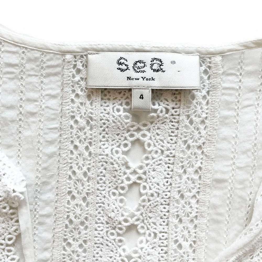 Sea New York Tie Neck Mini Dress White Size 4 Ruffle, Pom-Pom & Tassel Accents - Picture 5 of 14